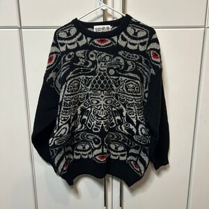 Alaska Knits Totem Eagle Haida Style Knit Sweater Black Grey Red Size S Vintage